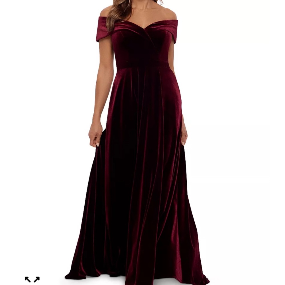 XSCAPE Off-The-Shoulder Velvet Fit & Flare Gown